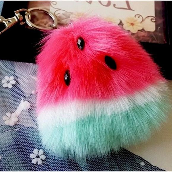 Red & Green Fuzzy Watermelon Pom Pom Keychain - Picture 3 of 6